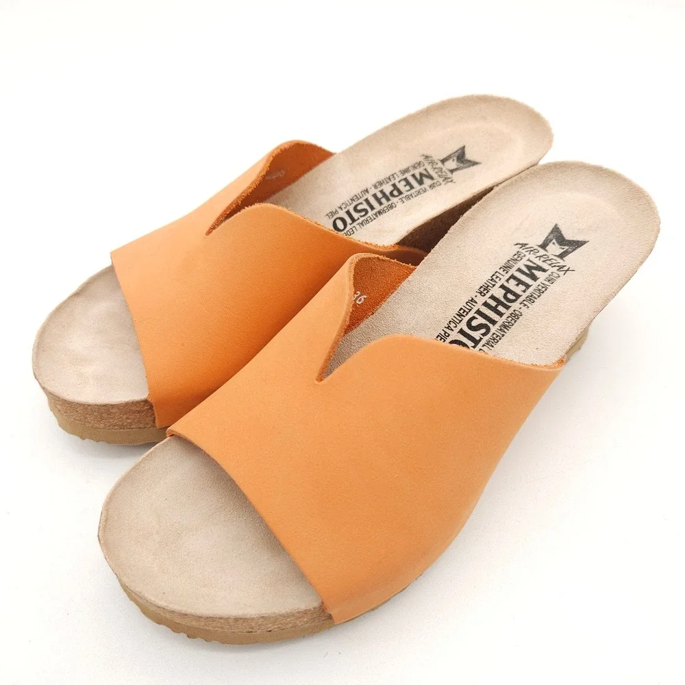 Mephisto Lisane (Women's EU 36 US 6) Orange Sandals Wedge Slide Leather Cork